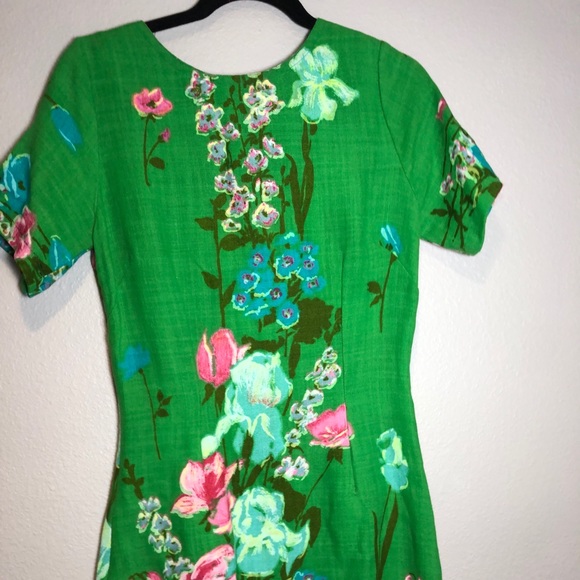 Vintage Green Floral Linen Sheath Dress S/M - Picture 3 of 8